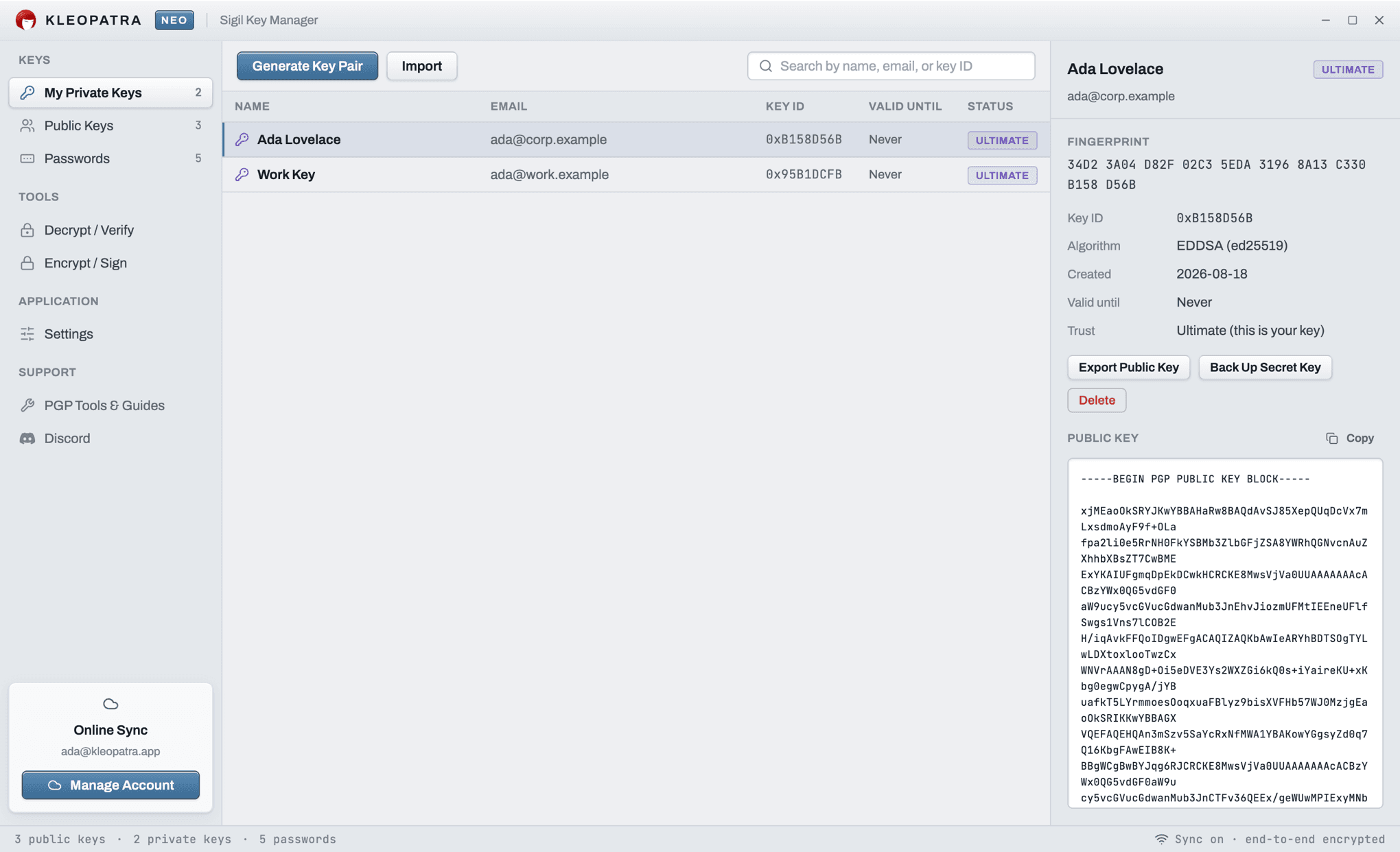 Kleopatra desktop app: the key manager listing private keys with fingerprint, algorithm and the exported public key