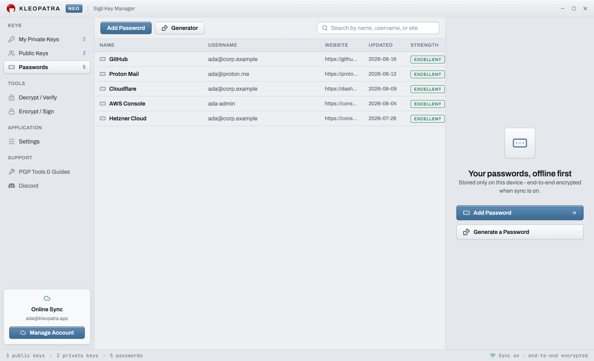 Kleopatra desktop app: the built-in password manager listing saved logins with strength badges
