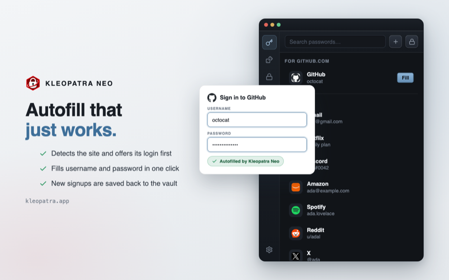 Kleopatra Neo extension - autofill filling a login form
