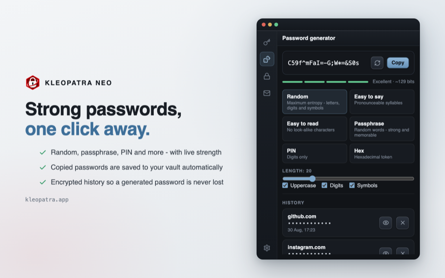 Kleopatra Neo extension - strong password generator with history