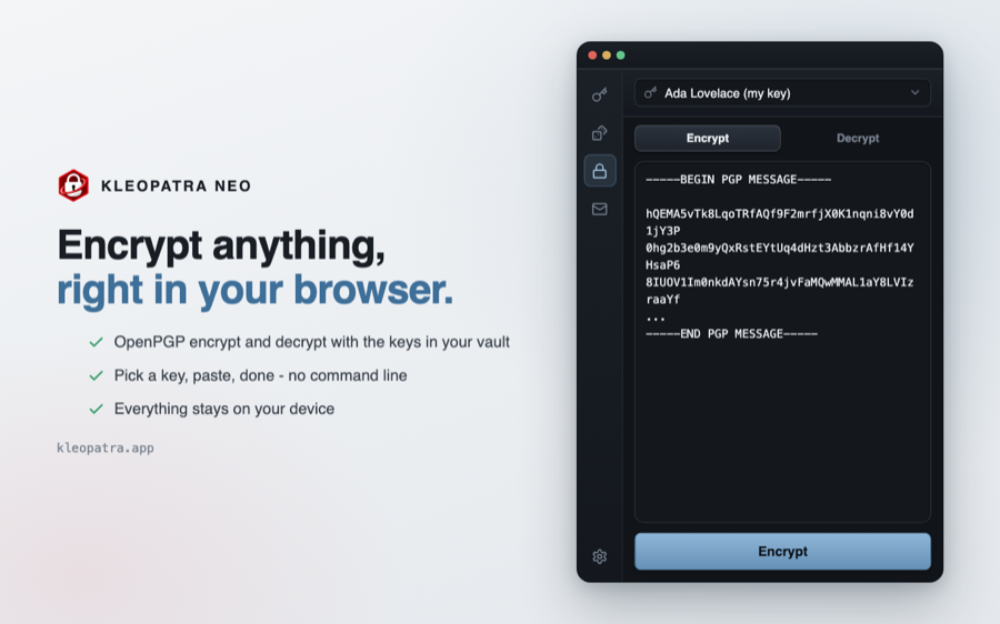 Kleopatra Neo extension - PGP encrypt and decrypt in the browser