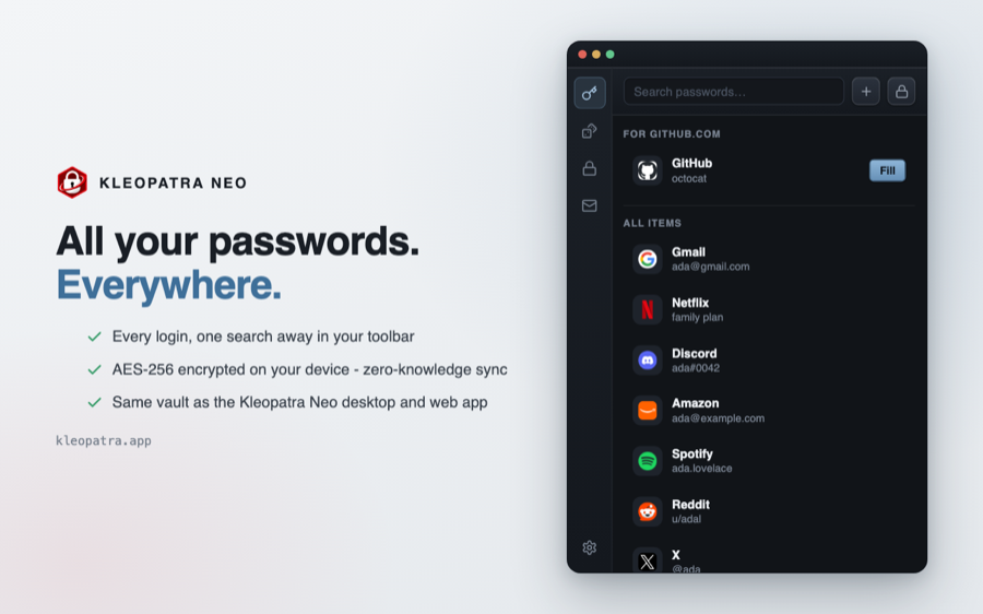 Kleopatra Neo extension - password vault with one-click autofill